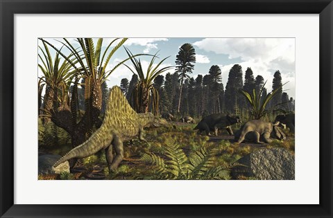 Framed Triassic Scene With The Sailback Arizonasaurus And Some Dicynodonts Print