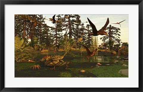 Framed Eudimorphodon And Peteinosaurus Pterosaurs In A Swampy Triassic Scene Print
