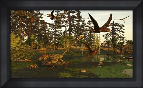 Framed Eudimorphodon And Peteinosaurus Pterosaurs In A Swampy Triassic Scene Print