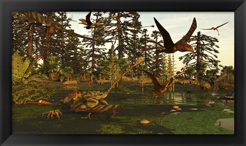 Framed Eudimorphodon And Peteinosaurus Pterosaurs In A Swampy Triassic Scene Print