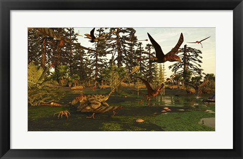 Framed Eudimorphodon And Peteinosaurus Pterosaurs In A Swampy Triassic Scene Print