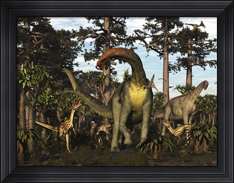 Framed Jobaria Dinosaur Is Menaced By Afrovenators In Jurassic North Africa Print