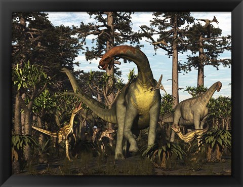 Framed Jobaria Dinosaur Is Menaced By Afrovenators In Jurassic North Africa Print