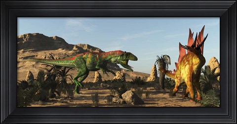 Framed Saurophaganax Dinosaur Attacks A Stegosaurus Print