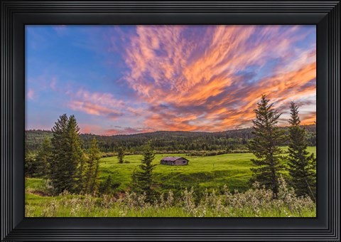 Framed Sunset over a Log Cabin Print