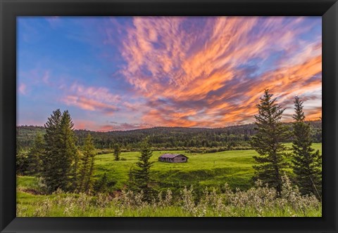 Framed Sunset over a Log Cabin Print