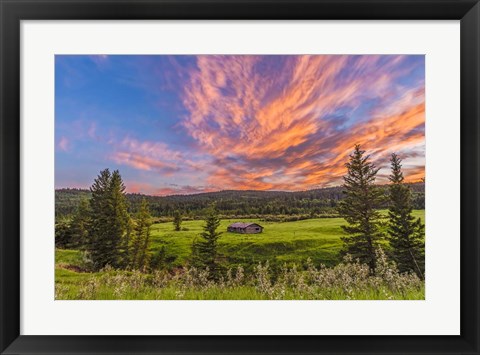 Framed Sunset over a Log Cabin Print