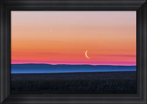 Framed Moon and Venus rising over the flat prairie horizon of Alberta, Canada Print