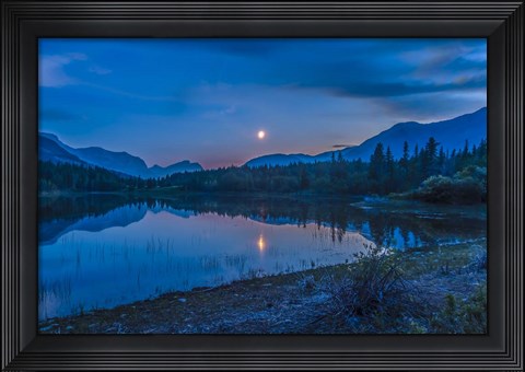 Framed Crescent moon over Middle Lake in Bow Valley, Alberta, Canada Print