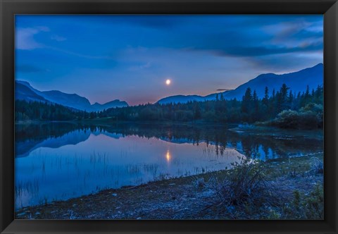 Framed Crescent moon over Middle Lake in Bow Valley, Alberta, Canada Print