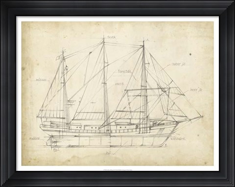 Framed Sailboat Blueprint II Print
