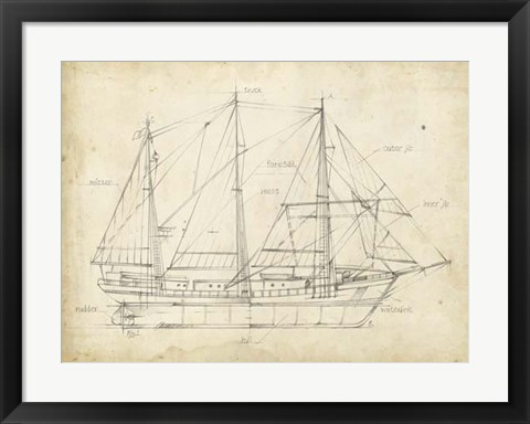 Framed Sailboat Blueprint II Print