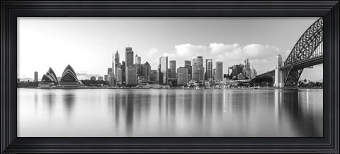 Framed Sydney Harbour Bridge and skylines at dusk, Sydney, New South Wales, Australia Print