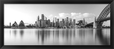 Framed Sydney Harbour Bridge and skylines at dusk, Sydney, New South Wales, Australia Print