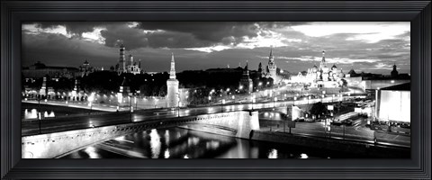 Framed City lit up at night, Red Square, Kremlin, Moscow, Russia BW Print