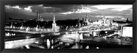 Framed City lit up at night, Red Square, Kremlin, Moscow, Russia BW Print