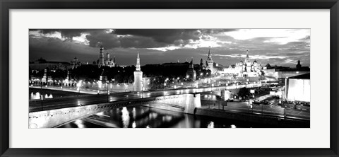 Framed City lit up at night, Red Square, Kremlin, Moscow, Russia BW Print