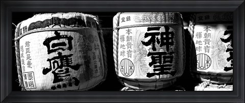 Framed Close-up of three dedicated sake barrels, Imamiya Temple, Kita-ku, Kyoto, Japan Print