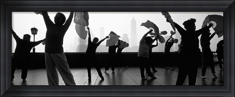 Framed Morning Exercise, The Bund, Shanghai, China BW Print