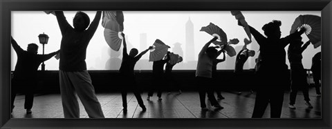 Framed Morning Exercise, The Bund, Shanghai, China BW Print