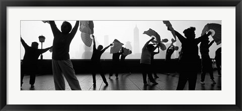 Framed Morning Exercise, The Bund, Shanghai, China BW Print