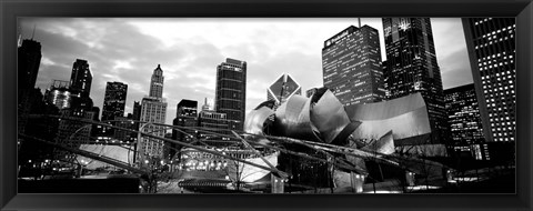 Framed Low angle view of buildings lit up at night, Millennium Park, Chicago, Illinois Print