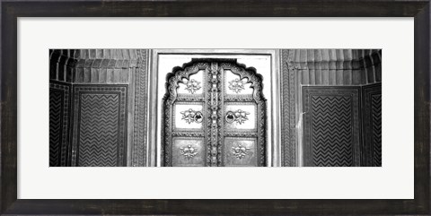 Framed Close-up of a closed door of a palace, Jaipur City Palace, Jaipur, Rajasthan, India BW Print