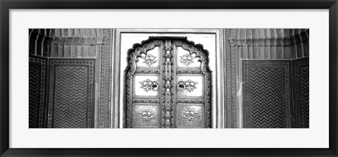 Framed Close-up of a closed door of a palace, Jaipur City Palace, Jaipur, Rajasthan, India BW Print