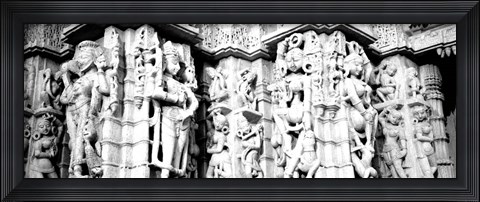Framed Sculptures carved on a wall of a temple, Jain Temple, Ranakpur, Rajasthan, India BW Print