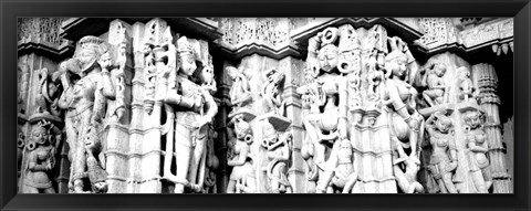 Framed Sculptures carved on a wall of a temple, Jain Temple, Ranakpur, Rajasthan, India BW Print