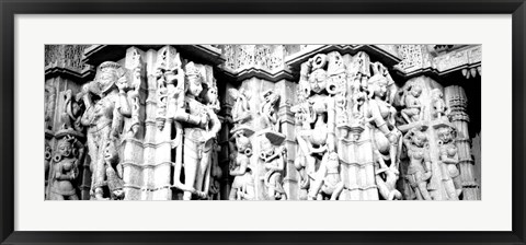 Framed Sculptures carved on a wall of a temple, Jain Temple, Ranakpur, Rajasthan, India BW Print