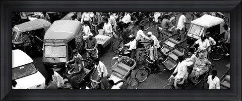 Framed High angle view of traffic on the street, Old Delhi, Delhi, India BW Print