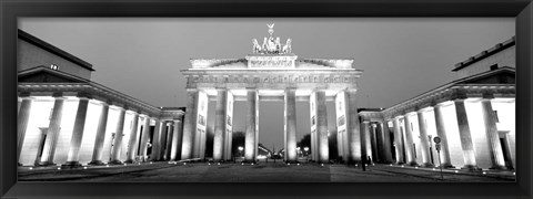 Framed Low angle view of a gate lit up at dusk, Brandenburg Gate, Berlin, Germany BW Print