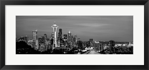 Framed Skyscrapers in a city lit up at night, Space Needle, Seattle, King County, Washington State Print