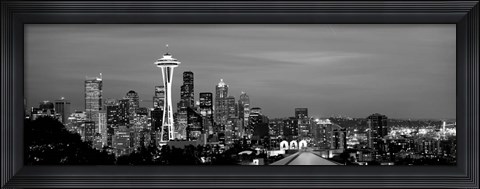 Framed Skyscrapers in a city lit up at night, Space Needle, Seattle, King County, Washington State Print