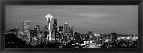 Framed Skyscrapers in a city lit up at night, Space Needle, Seattle, King County, Washington State Print