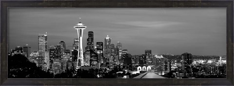 Framed Skyscrapers in a city lit up at night, Space Needle, Seattle, King County, Washington State Print
