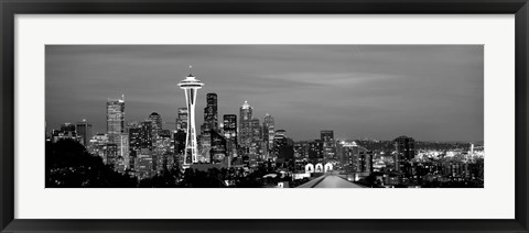 Framed Skyscrapers in a city lit up at night, Space Needle, Seattle, King County, Washington State Print