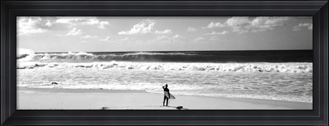 Framed Surfer standing on the beach, North Shore, Oahu, Hawaii BW Print