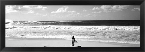 Framed Surfer standing on the beach, North Shore, Oahu, Hawaii BW Print