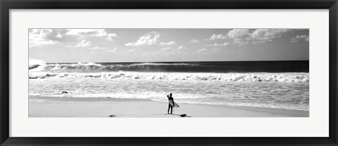 Framed Surfer standing on the beach, North Shore, Oahu, Hawaii BW Print