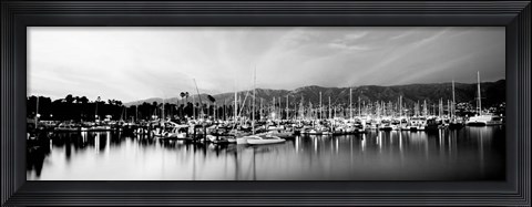 Framed Boats moored in harbor at sunset, Santa Barbara Harbor, California Print