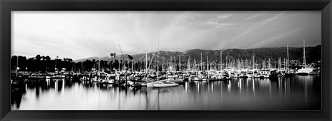 Framed Boats moored in harbor at sunset, Santa Barbara Harbor, California Print