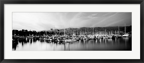 Framed Boats moored in harbor at sunset, Santa Barbara Harbor, California Print