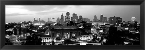 Framed Union Station at sunset with city skyline in background, Kansas City, Missouri BW Print