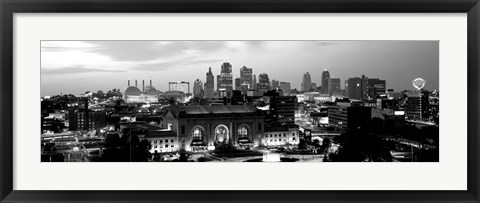 Framed Union Station at sunset with city skyline in background, Kansas City, Missouri BW Print