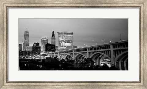 Framed Bridge in a city lit up at dusk, Detroit Avenue Bridge, Cleveland, Ohio Print