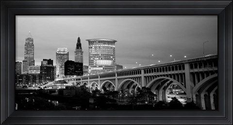 Framed Bridge in a city lit up at dusk, Detroit Avenue Bridge, Cleveland, Ohio Print