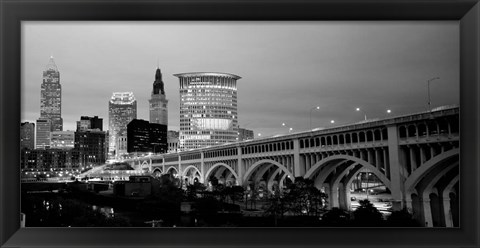 Framed Bridge in a city lit up at dusk, Detroit Avenue Bridge, Cleveland, Ohio Print