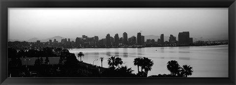 Framed Silhouette of buildings at the waterfront, San Diego, San Diego Bay, California Print